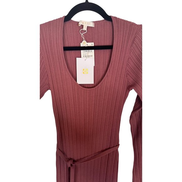 2/$30 NWT WAYF M Ribbed Knit Midi Bodycon Dress Tie Waist Deep Mauve - Picture 6 of 14